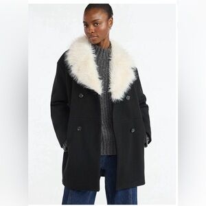 Black Pea Coat with attached White Fur Collar